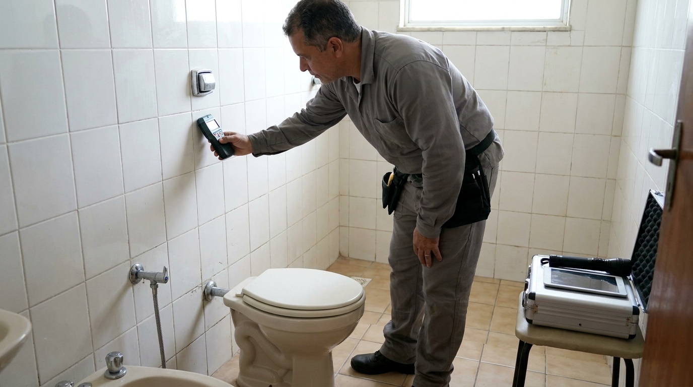 Técnico de caça vazamento analisando tubulação em Uberaba‑MG