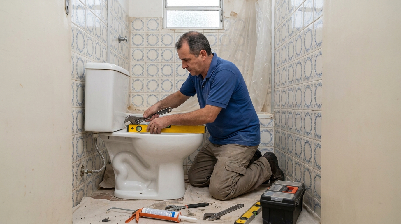 Técnico instalando vaso sanitário em Uberaba‑MG